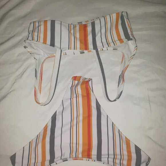 **3/$15**SHEIN Woman's Striped Orange Yellow Gray White High Cut Bikini - Picture 3 of 4